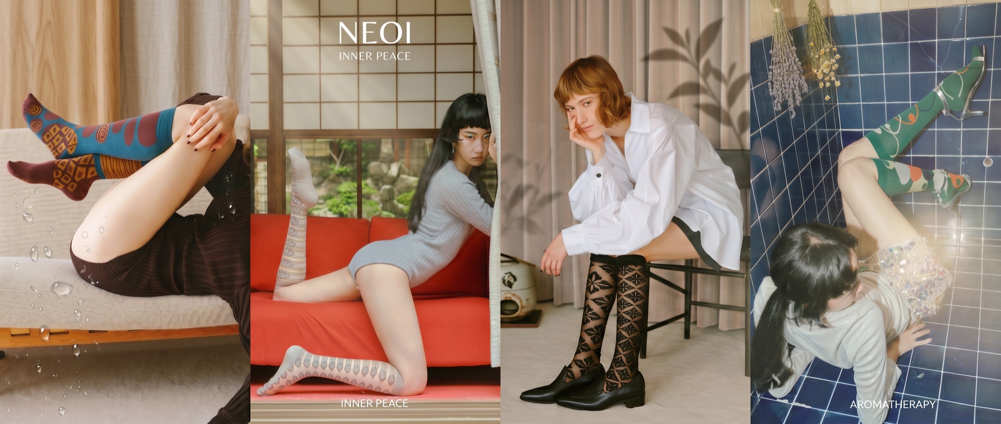 Neoi Japanese designer socks — sheer, patterned and knee-high, worn by models