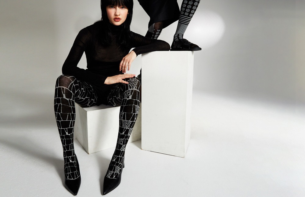 Geometric Tights — Black Stone-Wall, Made in Japan product image