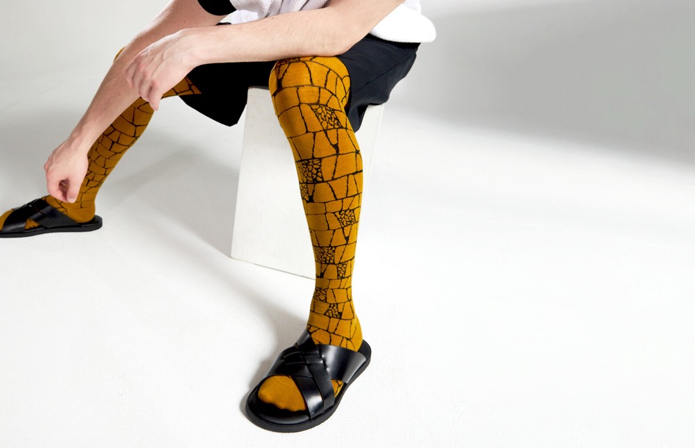 Geometric Tights — Mustard Stone-Wall, Made in Japan product image