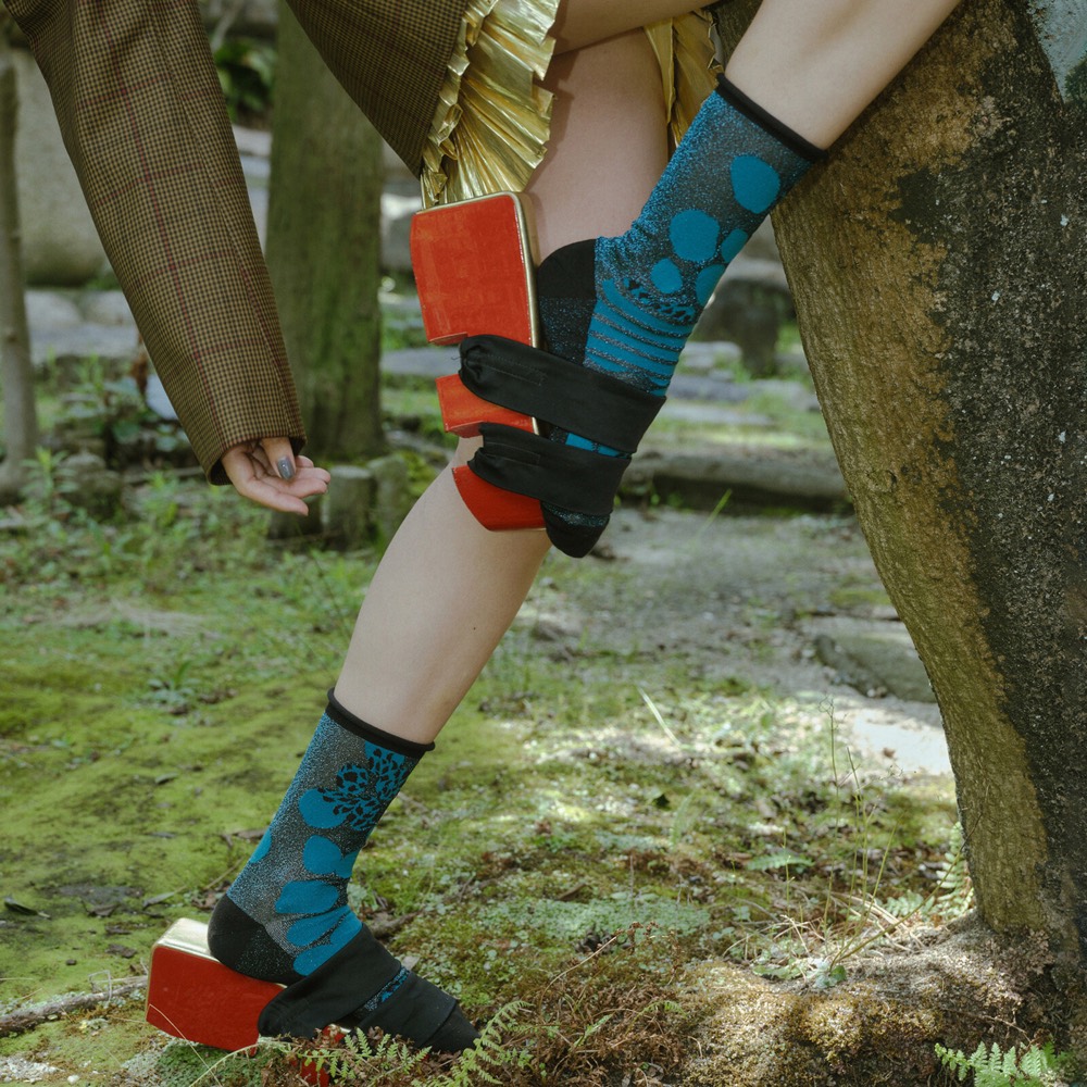 Glitter Crew Socks — Blue & Black Two-Tone, Made in Japan product image