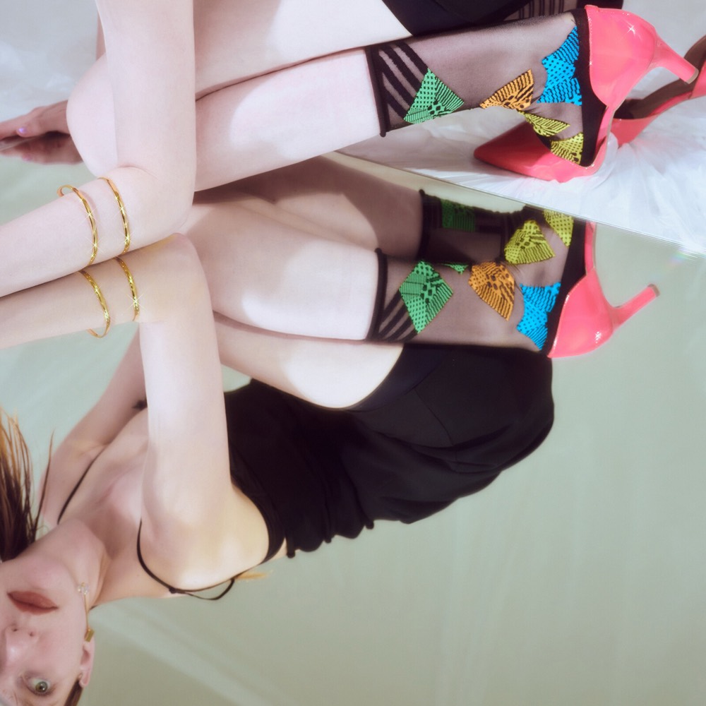 Geometric Sheer Socks — Multicolor Cubes, Made in Japan product image