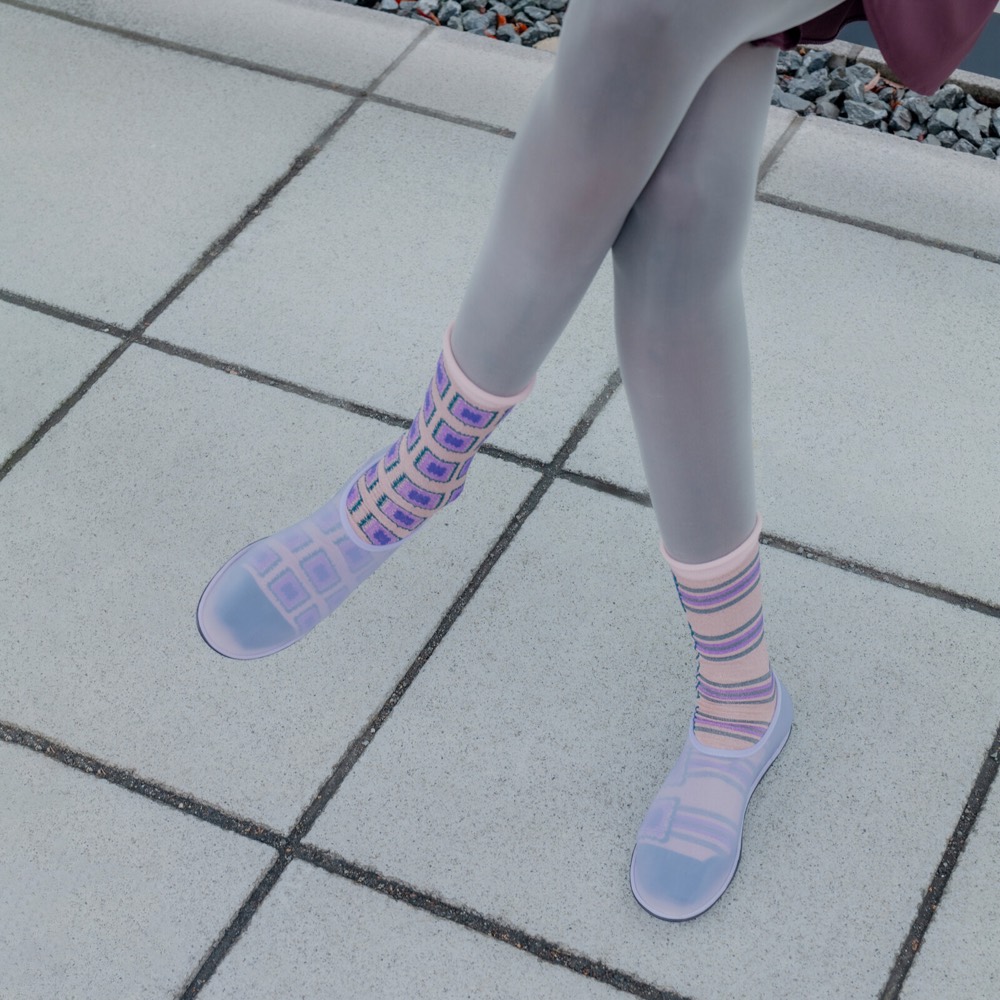 Geometric Glitter Crew Socks — Shell-Pink Squares, Japan product image