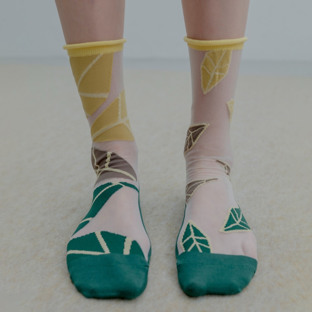 Botanical Crew Socks — Geometric Lemon Leaf, Made in Japan product image