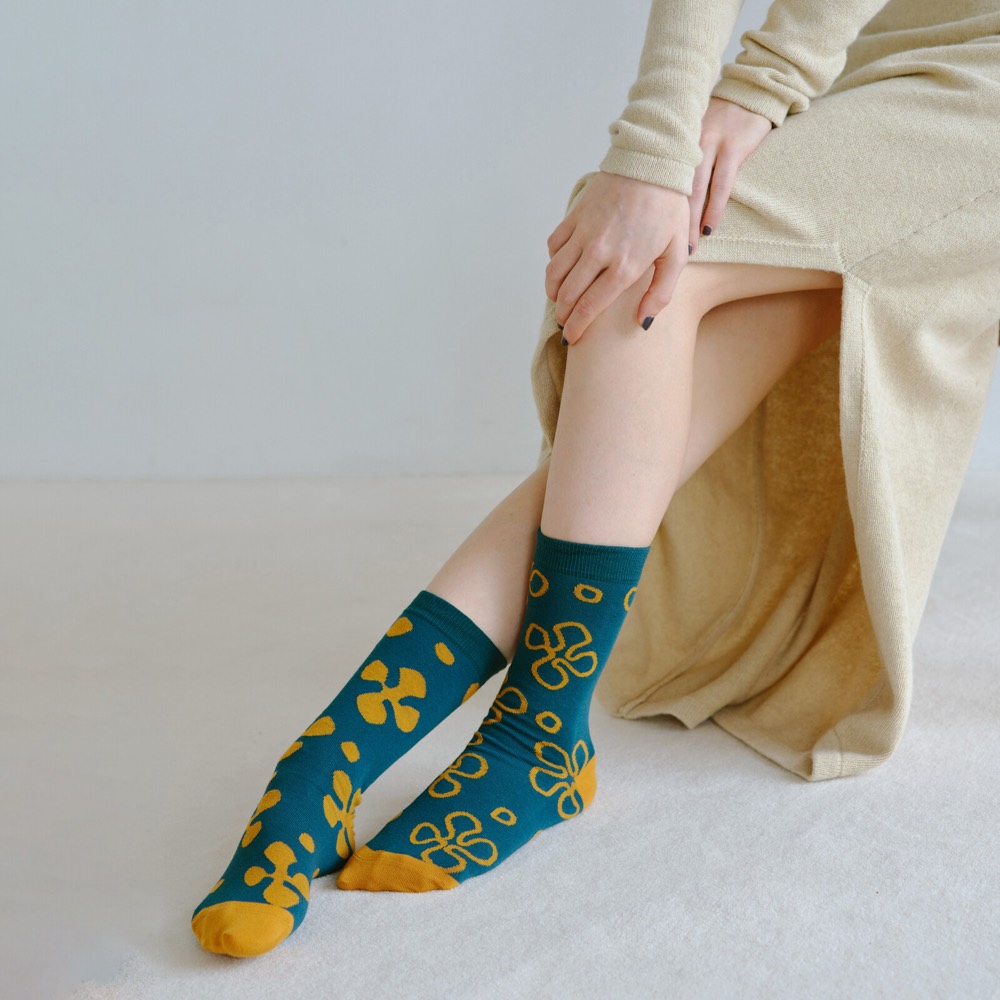Patterned Crew Socks — Autumn Blue & Mustard, Japan product image