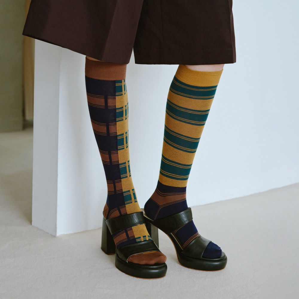 Patterned Knee-High Socks — Brown & Turquoise, Japan product image