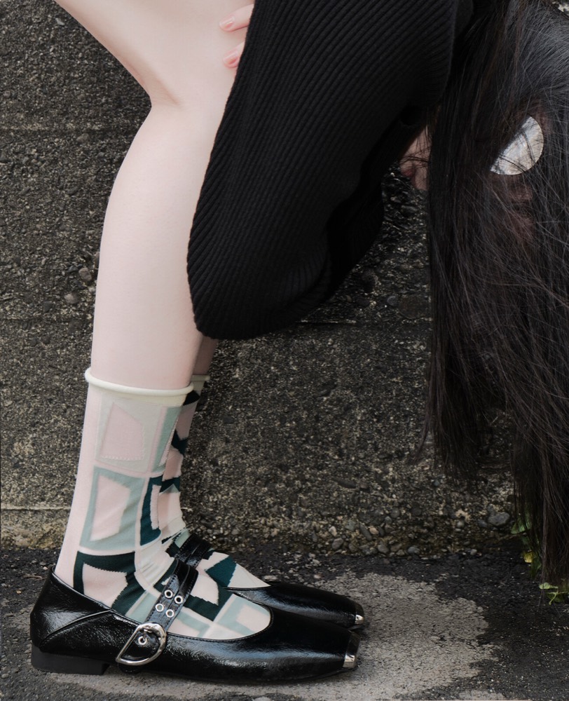Geometric Sheer Socks — Teal Patchwork, Made in Japan product image